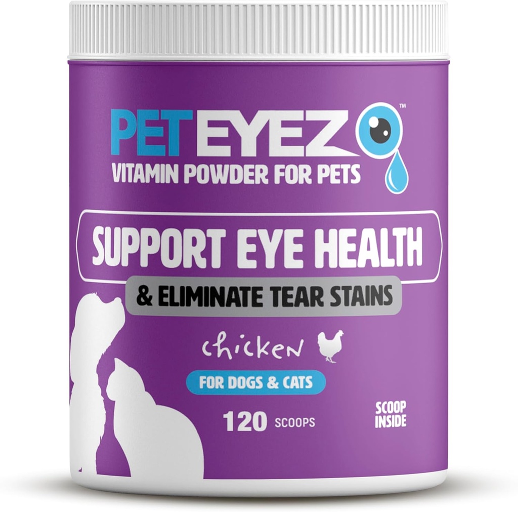 Pet Eyez Vitamina em pó para animais de estimação - Suporta saúde ocular e reduz a formação de manchas lacrimais - 100% de alimento natural Topper para cães e gatos com superalimentos, antioxidantes e nutrientes - sabor de frango - 120 Scoops
