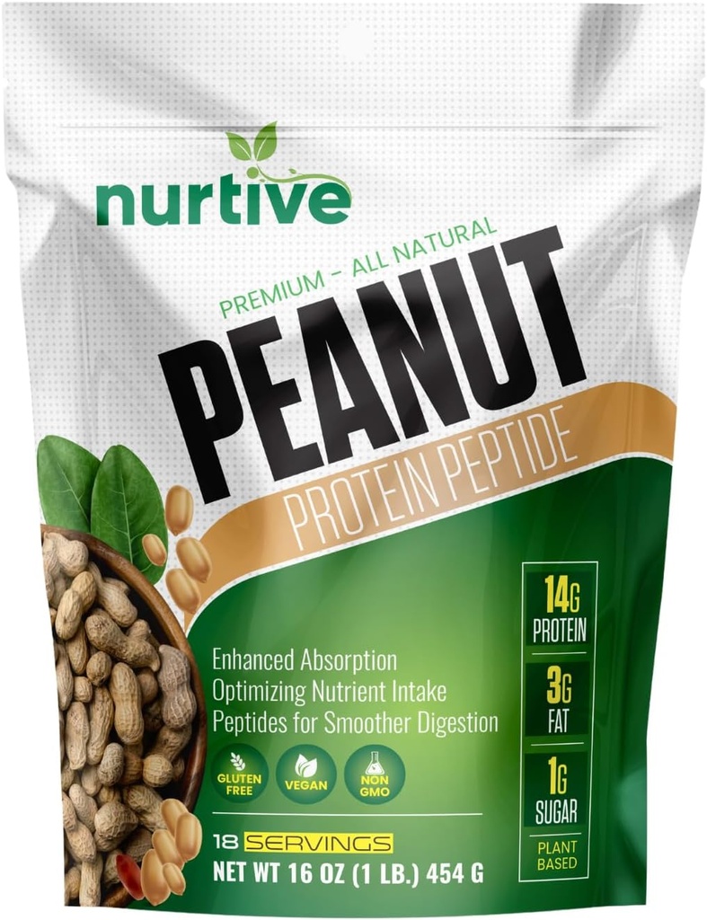 Peptídeo em pó de proteína de amendoim - rico em nutrientes e fibras - ideal para atletas e entusiastas da aptidão - maior solubilidade e absorção - 18 Serve (16 oz / 454 g)