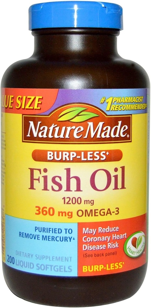 Natureza Made Burp-Less Fish Oil 1200mg, 360mg Omega-3, Liquid Softgels 200 ea (Pacote de 2)