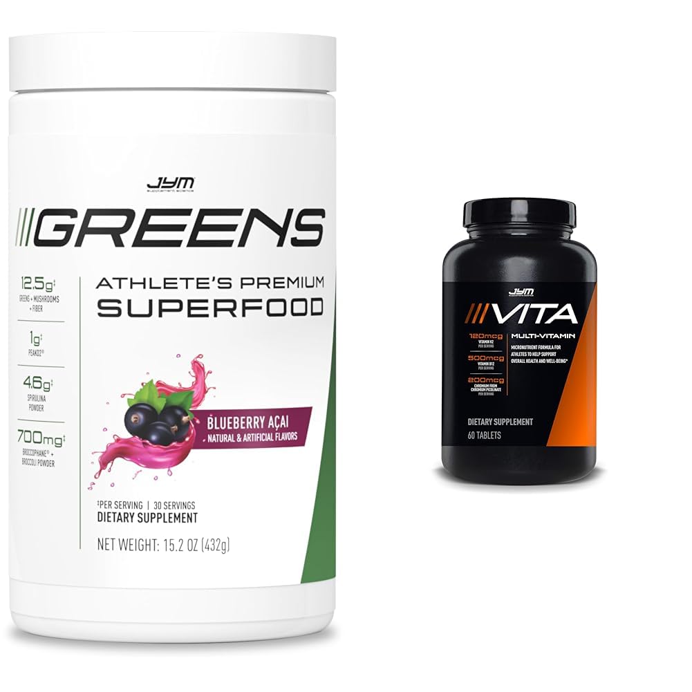 JYM Greens Super Food Blueberry Acai Powder com espirulina e Vita JYM Multivitamin para atletas 60 comprimidos