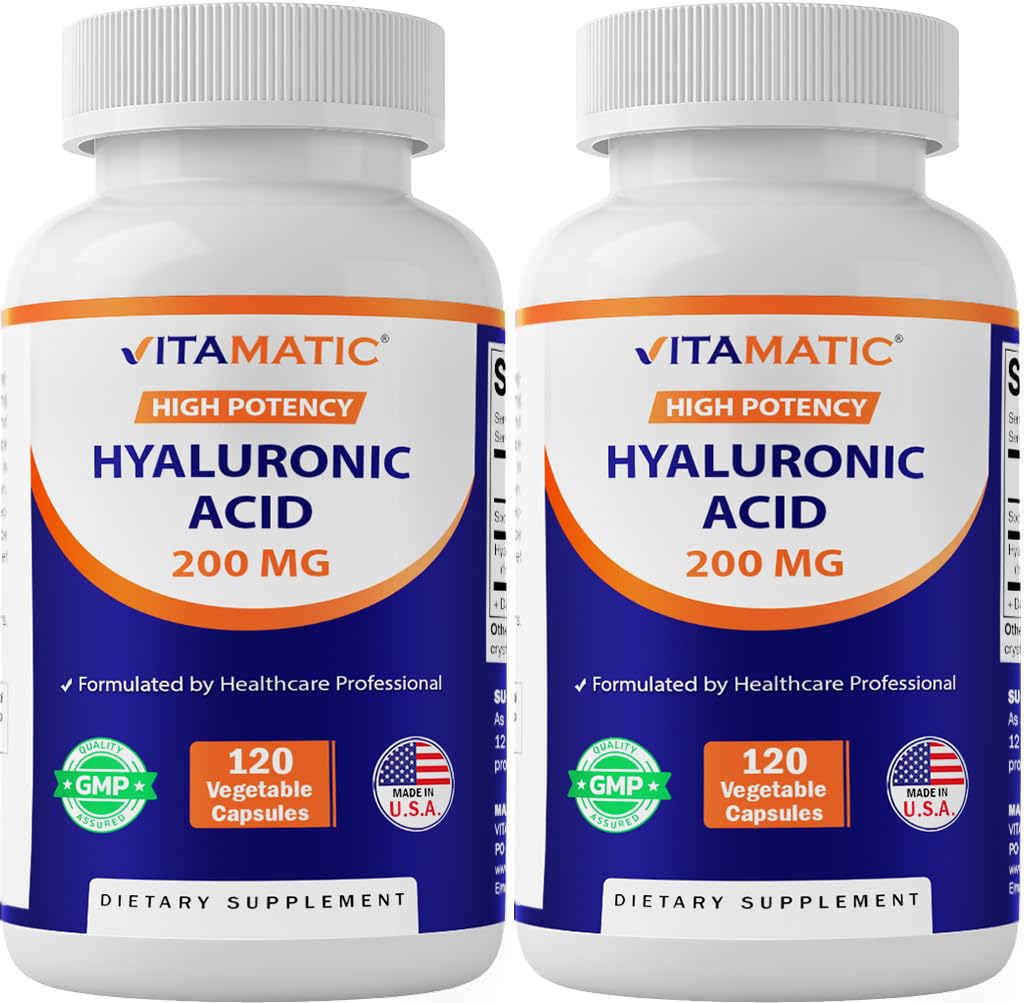 Vitamatic 2 Pack Supplements de ácido hialurônico 200mg - Suporta tecido conectivo saudável e articulações - Promover a pele saudável jovem - Total 240 Cápsulas