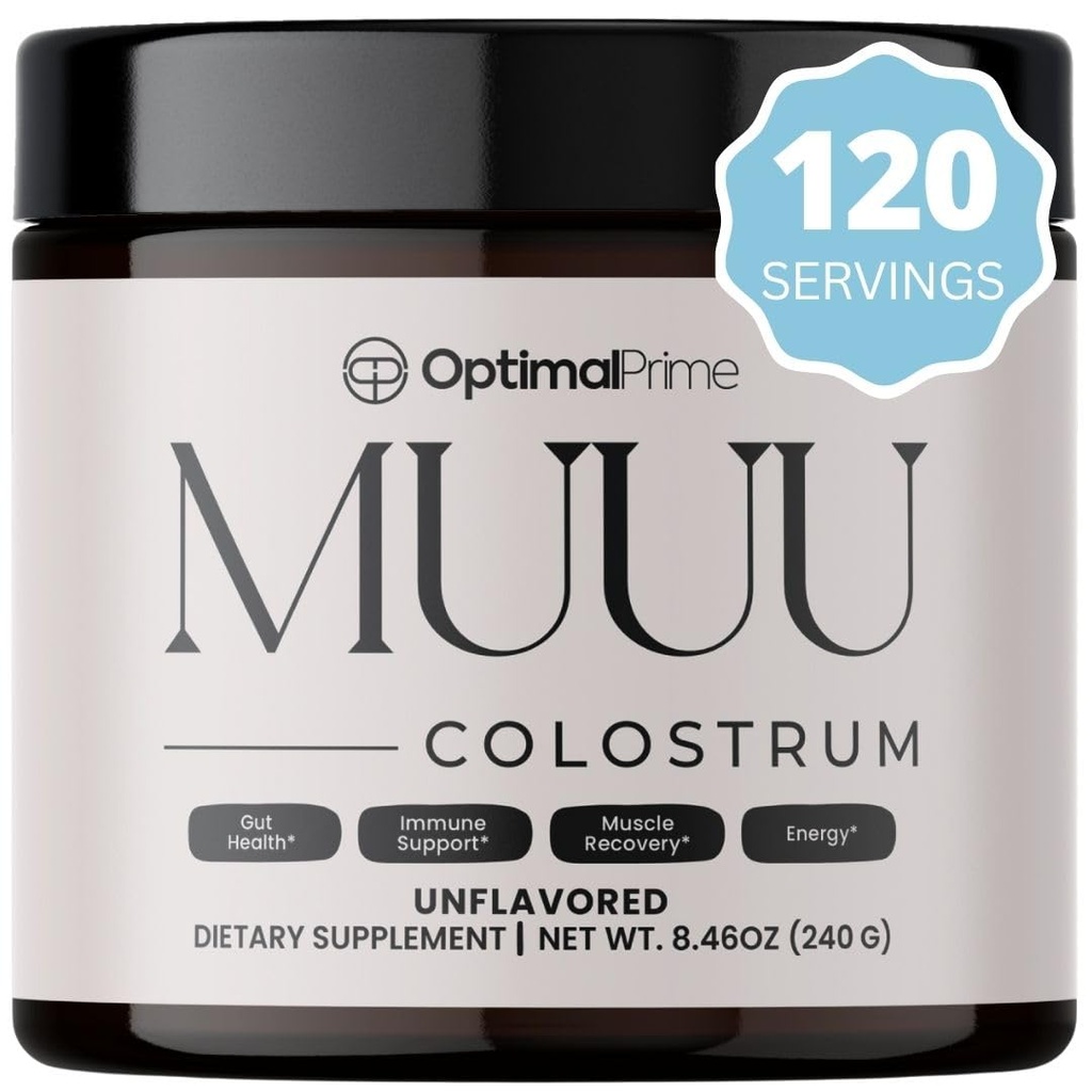 Optimal Prime - MUUU Bovine Colostrum Supplement and Superfood Powder for Gut Health, Bloating, Imune Support, Hair, Skin, and Nails Unflavored, 120 Servings