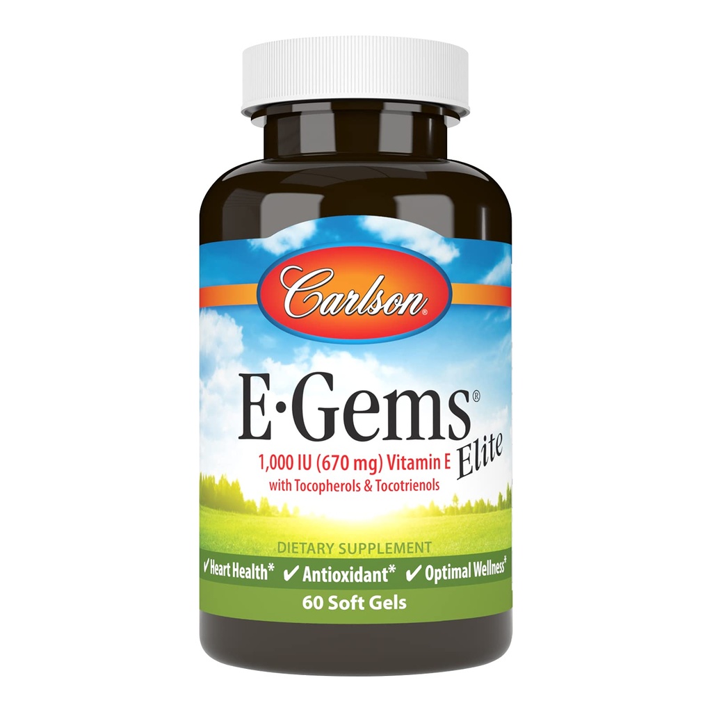 Carlson - E-Gems Elite, 1000 UI (670 mg) Vitamina E com tocoferóis e tocotrienols, Optimal Wellness, 60 Softgels