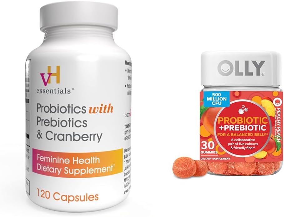 vH essencial Probióticos com Prebióticos e Cranberry cápsulas de saúde femininas Pacote com OLLY Probiótico + Gummy Prebiótico Digestivo e Gut Saúde Chewable Suplemento