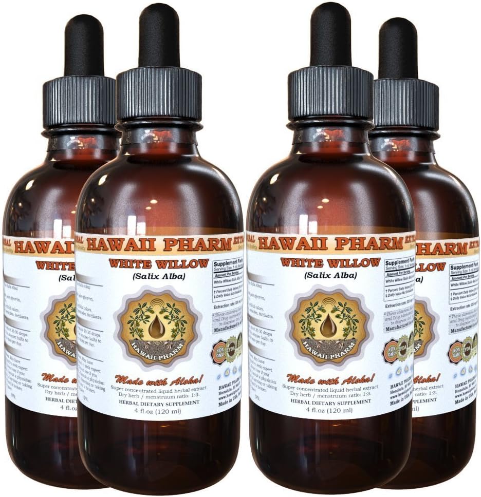 Extrato Líquido de Salgueiro Branco, Salgueiro Branco Orgânico (Sallix Alba) Tintura de Bark seco, Suplemento de ervas, Hawaii Pharm, Made in USA, 4x4 fl.oz