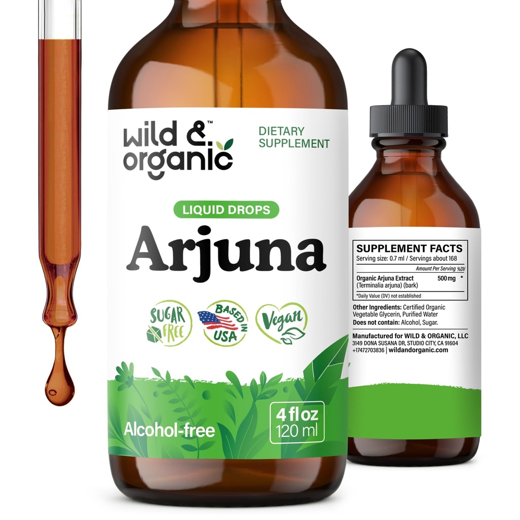 Tintura de casca de arjuna selvagem e orgânica - suplemento de bem-estar geral - gotas líquidas livres de álcool - extrato de casca de arjuna terminalia - sem açúcar e aditivos, não-GMO - 4 fl oz