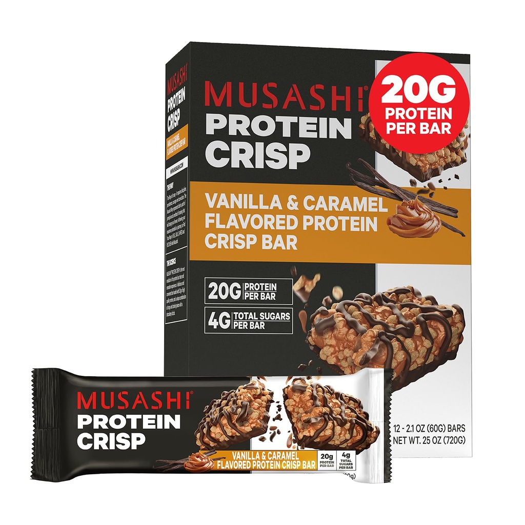 MUSASHI Protein Crisp Bar, 20g Protein, 4g Total de Açúcares, Baunilha & Caramel, Pós-treino e Lanche no Go, 12 Pack de 2.1oz (60g) Bares