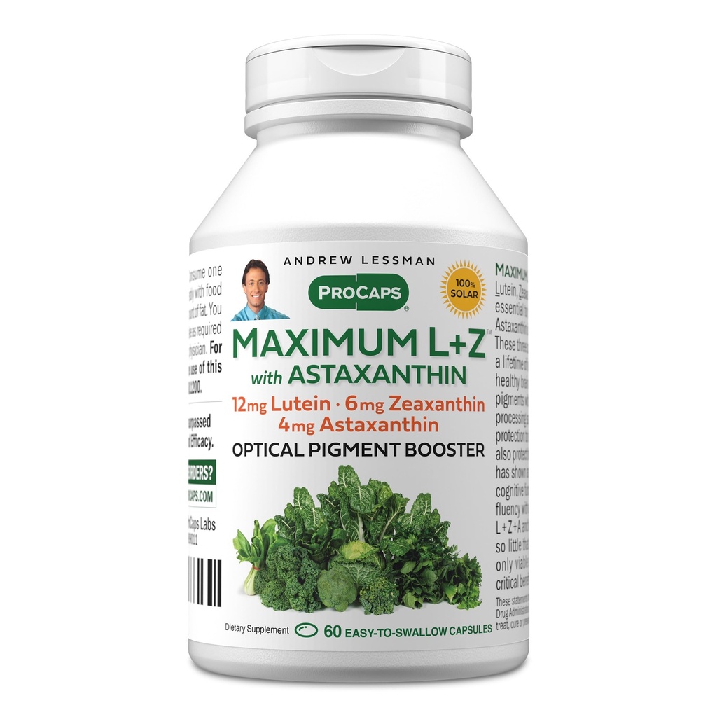 ANDREW LESSMAN Máximo L+Z com Astaxantina 60 Softgels - 12mg Lutein, 6mg Zeaxanthin, 4mg Astaxantina. Nutrientes chave para apoiar a saúde do olho e do cérebro, e promover a visão saudável.