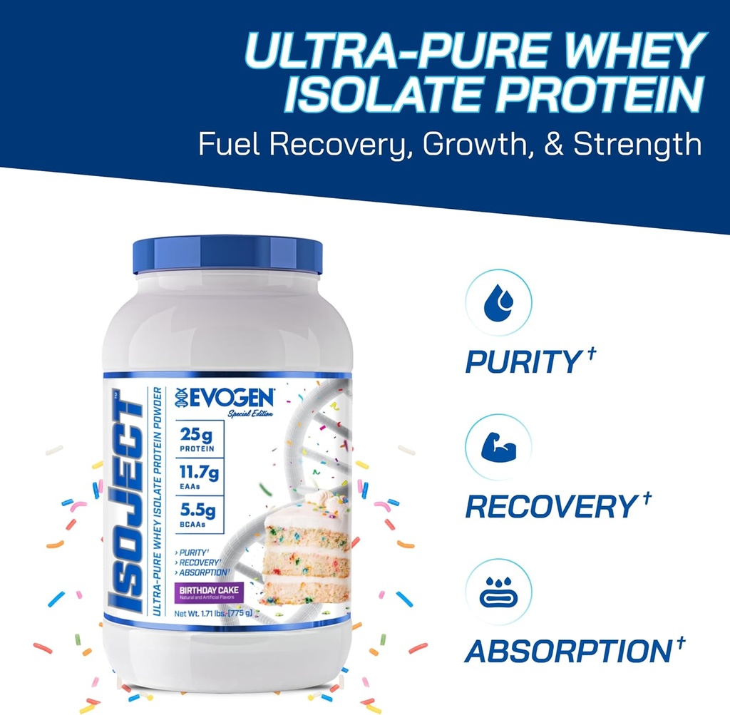 Evogen Isoject - Whey Protein Isolate , Ultra-Pure Whey Protein Powder com Enzimas Ignitor, BCAAs, e EAAs , Absorção e Recuperação melhoradas , bolo de aniversário , 25 Servings