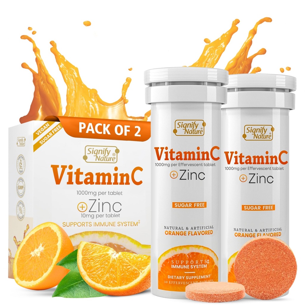 SIGNIFIY NATUREZA Vitamina C 1000mg Comprimidos Efervescentes - Potente Imune Suporte VIT C com Zinco Suplemento - Fórmula Açúcar-Free & Vegan - Comprimidos Dissolváveis Vitamina C - Água Solúvel Elixir Fizzy - 20CT