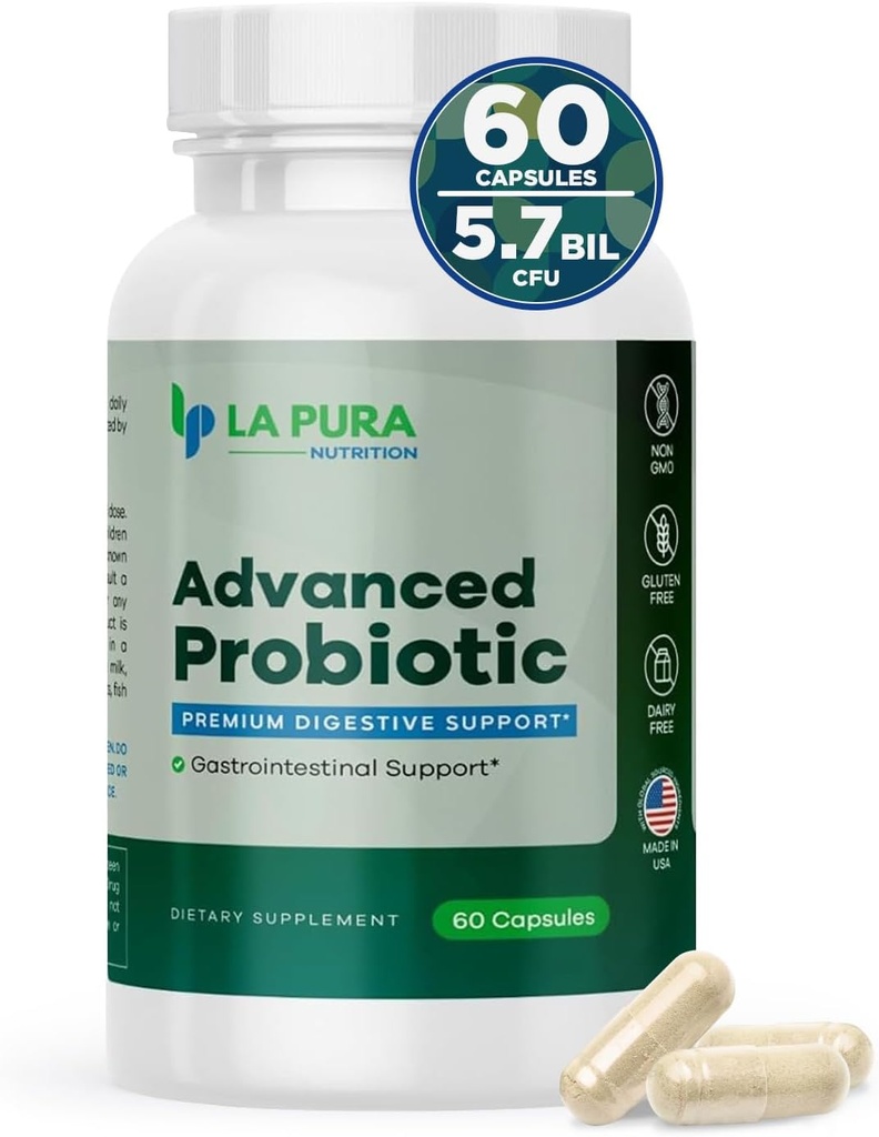 LaPura Advanced Probiótico - Premium Digestive Support for Gut & Imune Health, 60 Cápsulas - 5,75 Bilhões UFC Probióticos Incluindo De111 Strain (Bacillus subtilis) - Não-GMO, Gluten-Free, Made in USA