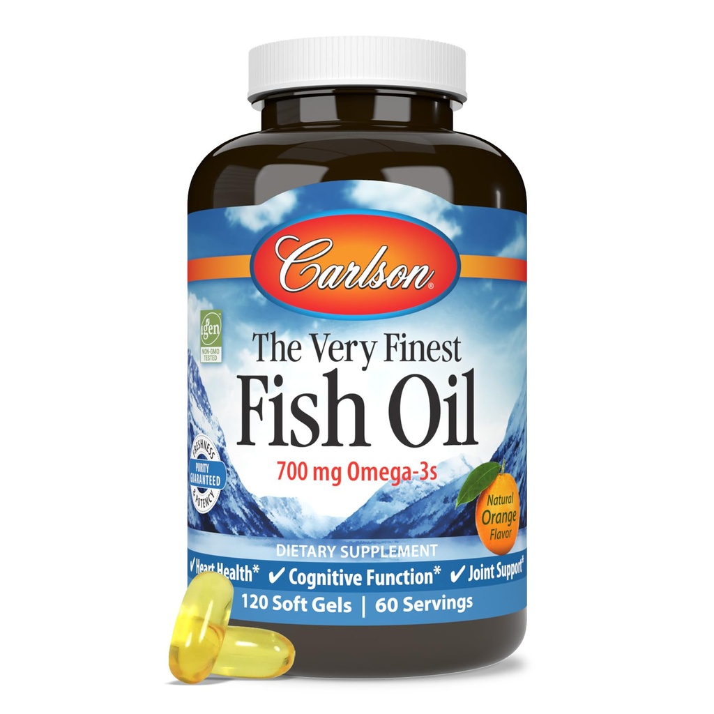 Carlson - O óleo de peixe muito mais fino, 700 mg Omega-3s, norueguês Suplemento de óleo de peixe, Wild Caught Omega 3 Fish Oil, Sustainablely Fonted Fish Oil Cápsulas, Omega 3 Suplemento, Laranja, 120 Softgels