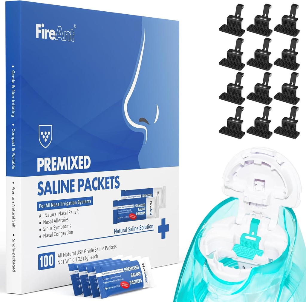 FireAnt 100 Saline Packets and 12 Reusable Saline Pods Refils Set, Compatível com Navage Nasal Care - Inclui 100 Count Salt Packets Sinus Rinse + 12 Pack Silicone Salt Pads Refil em Preto