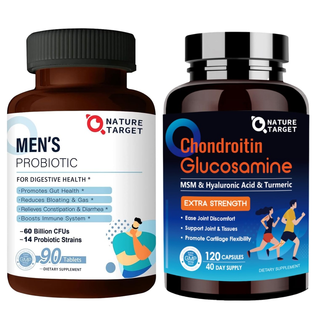 NATUREZA TARGET Probióticos para Homens com Homens Cuidado Suplemento, Glucosamina Condroitin HSH, Suplemento de suporte conjunto, Shellfish Grátis
