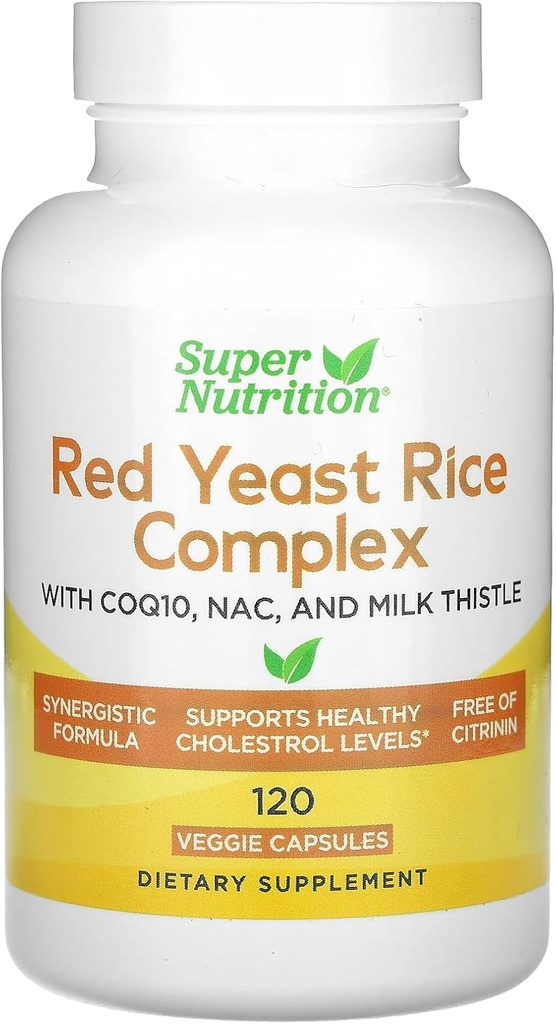 Super Nutrição Red Yeast Rice Complexo com Rice vermelho orgânico, N-Acetil Cysteine, Coenzyme Q10, e extrato de cardo de leite, 120 Cápsulas Veggie