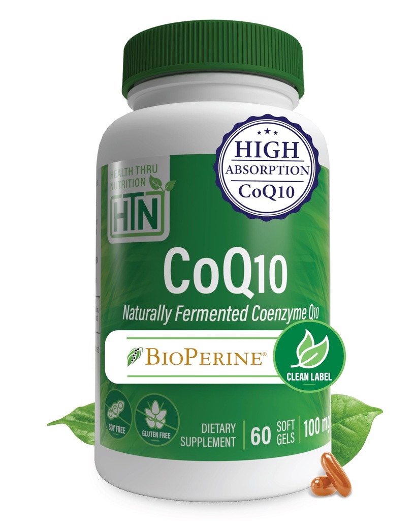 Health Thru Nutrition CoQ-10 100mg com BioPerine 60 Softgels □ Alta Absorção Naturalmente Fermentado USP Grau Coenzyme Q10 Suplemento