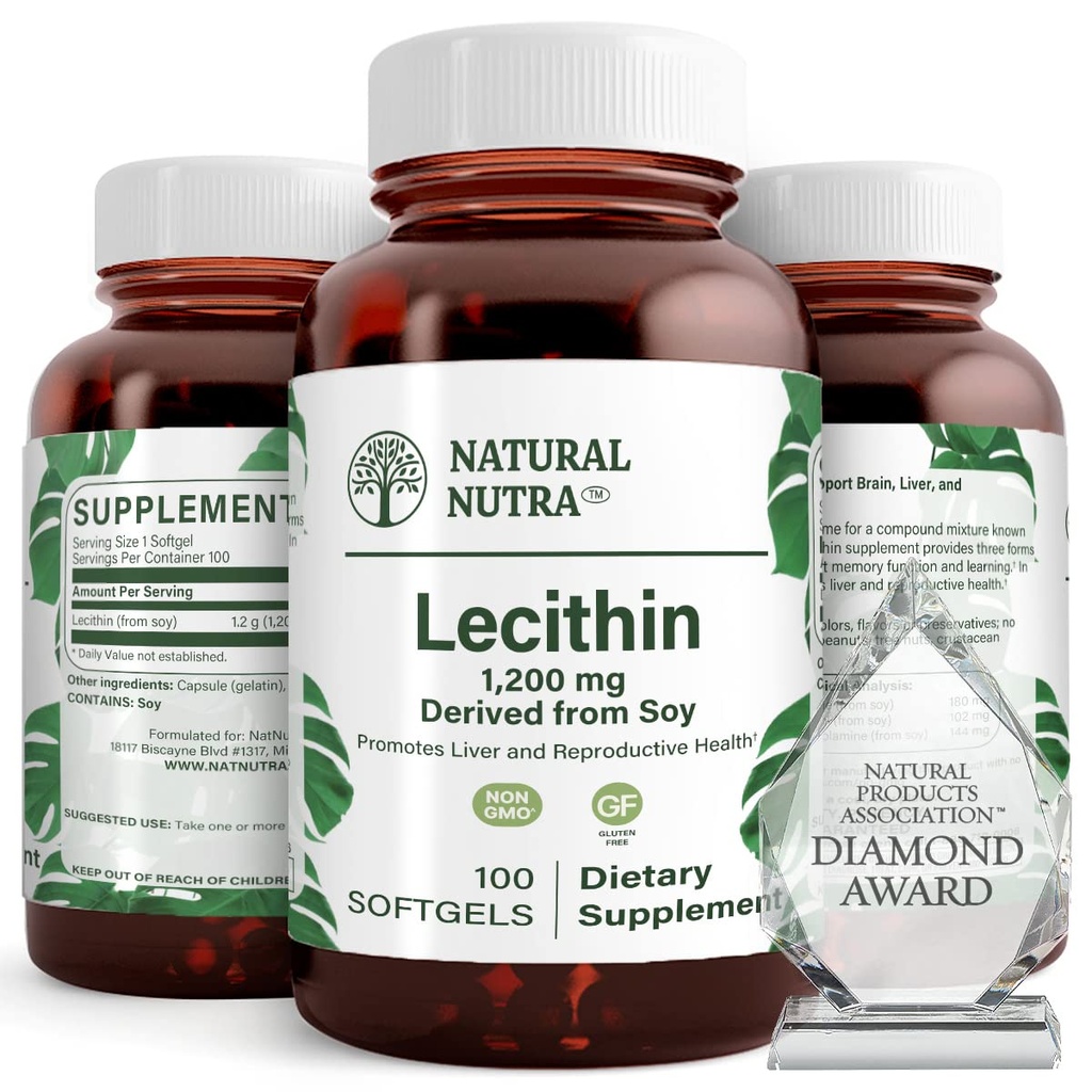 Natural Nutra Soja Lecitina 1200 mg Suplemento dietético - Função cerebral, Saúde do Fígado, Hepls Saúde da Mama, Suplemento de aumento de memória - sem glúten, BPA-livre, 100 Softgels em garrafas de vidro recicláveis