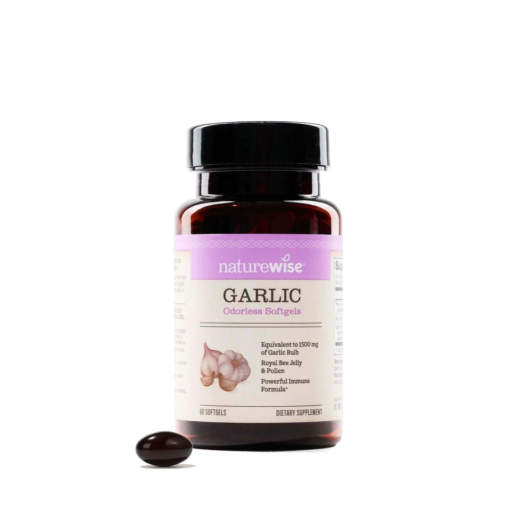 NatureWise Odorless Alho Pills - com Royal Bee Jelly & Polen - Suplemento de ervas para a saúde do coração + Sistema imunológico + Antioxidantes - Gluten Free, Non-GMO - 60 Softgels [Suprimento de 2 meses]
