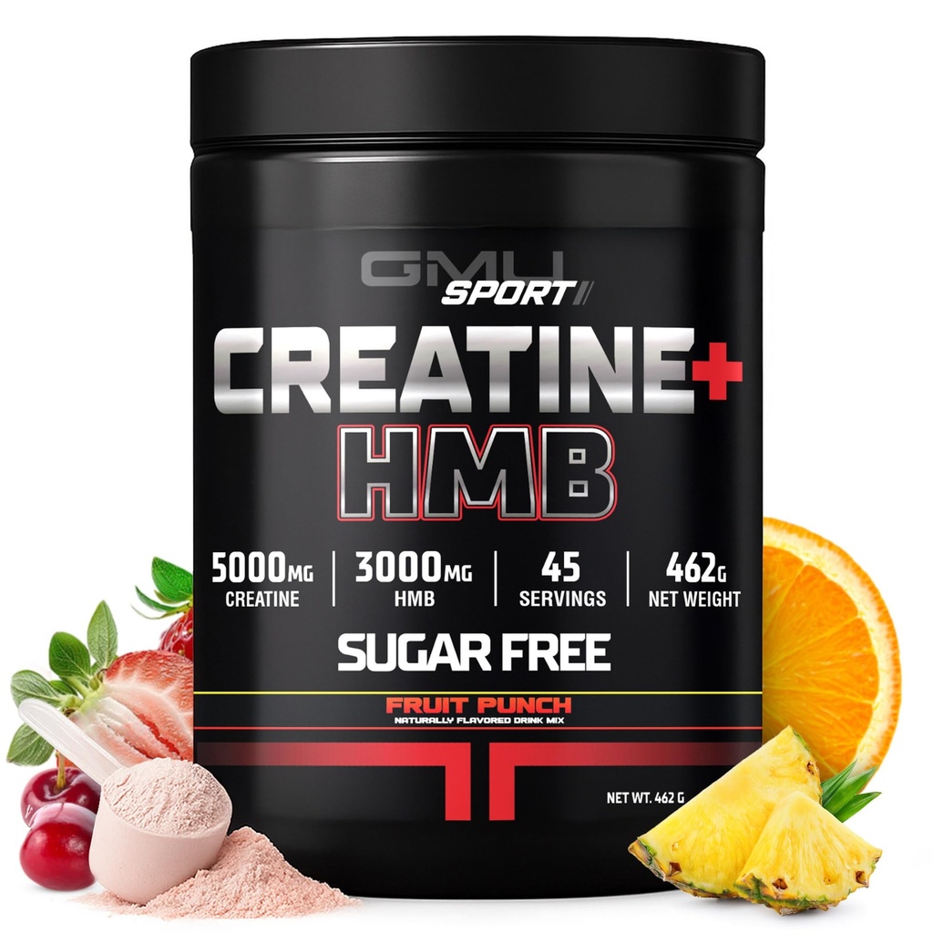 GMU SPORT - Creatina Mono-hidratada com pó de HMB - 45 Serventes, Suplementos de HMB Creatina, Creatina com HMB para aumento de força, Crescimento muscular e Energia Melhorada, 3G HMB/Fruit Punch