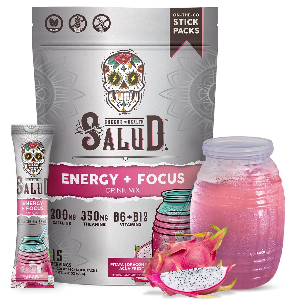 Salud 2-em-1 Beber Energia Pó + Foco, Fruta de dragão, Cafeína orgânica, B6 + B12, Theanina, Pacotes de bebida de energia limpa, Pitaya Agua Fresca Mix, Não-GMO, Glúten livre, Vegan, 1g de açúcar, (15 Servões)