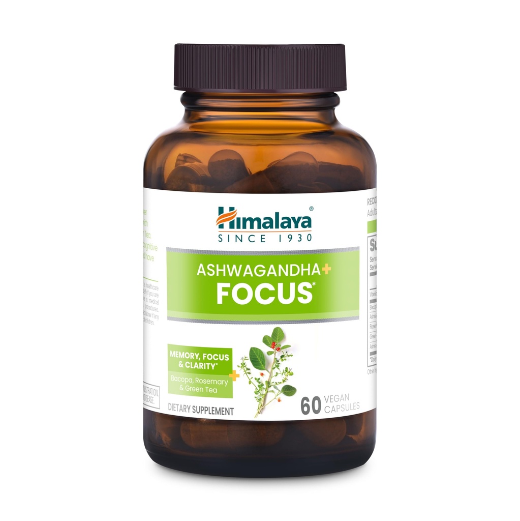 Himalaya Ashwagandha+ Focus - Herbal Focus Suplemento com B12, Rosemary, Chá Verde, e Bacopa Nootropics para memória e clareza - Vegan, Não-GMO, Gluten Free, 1690 mg, 60 Caplets