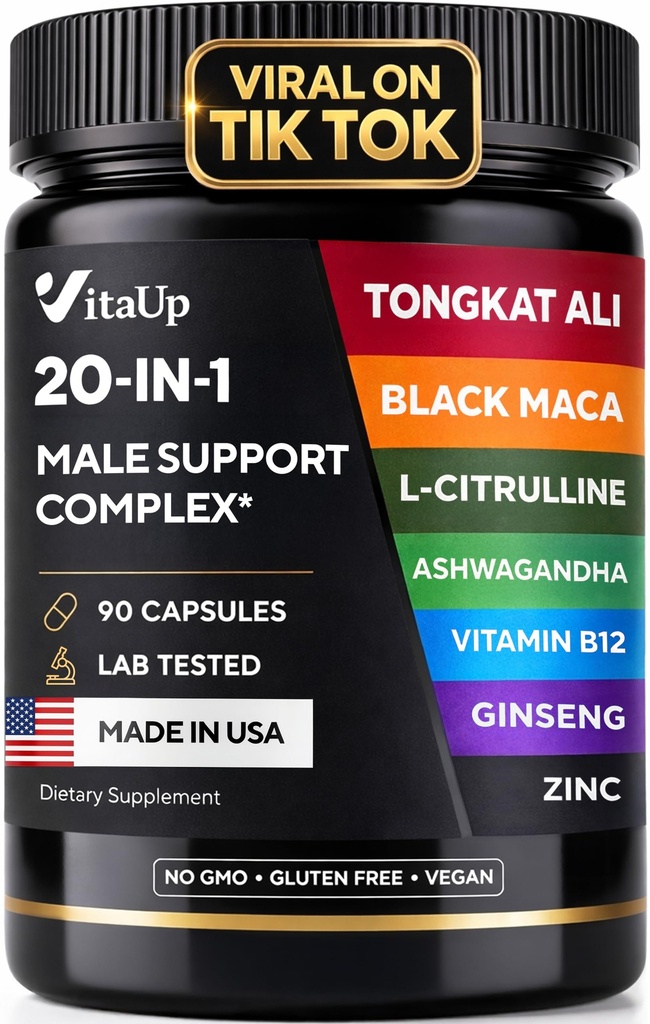 Tongkat Ali para homens 20 em 1 com Astragalus - EUA Made Mens Suplemento Complexo com Black Maca Root, L-Arginina, Ginseng, cálcio, Astragalus para suporte de força normal e resistência - 90 Caps