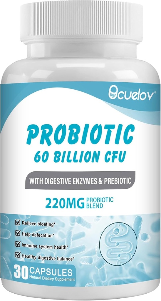 Probióticos 60 bilhões de UFC com 10 Strains & 3 Prebióticos Orgânicos,Suplemento de Probióticos para Mulheres Homens Apoio Metabolismo, Imunidade e Saúde Digestiva,Não-GMO e Glúten Grátis,30 Cápsulas