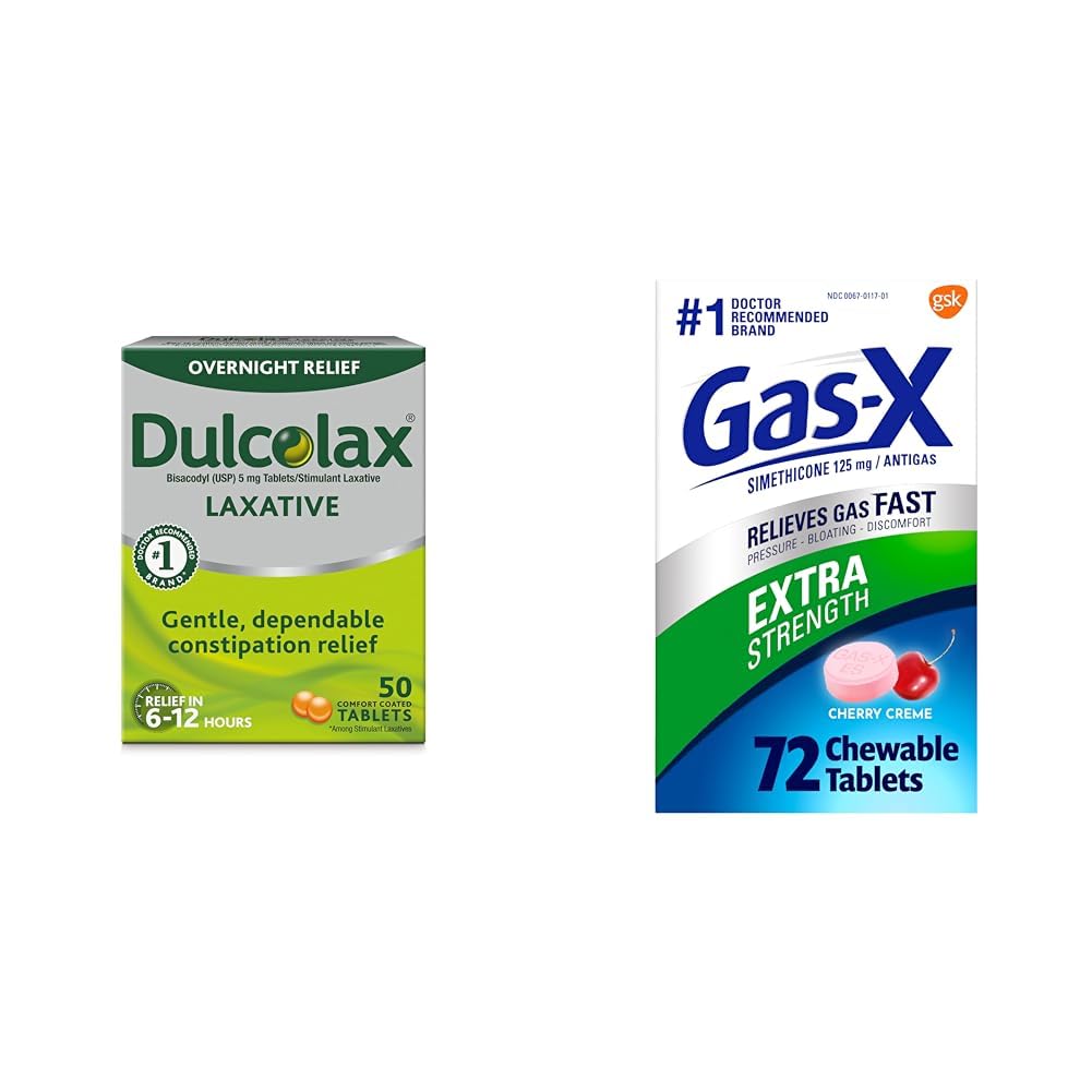 Dulcolax Overnight Relief Laxativo para alívio de constipação suave, Bisacodyl 5 mg Comprimidos, 50 Count & Gas-X Extra força Chewable Gas Relief Comprimidos com Simethicone 125 mg para alívio de inchaço