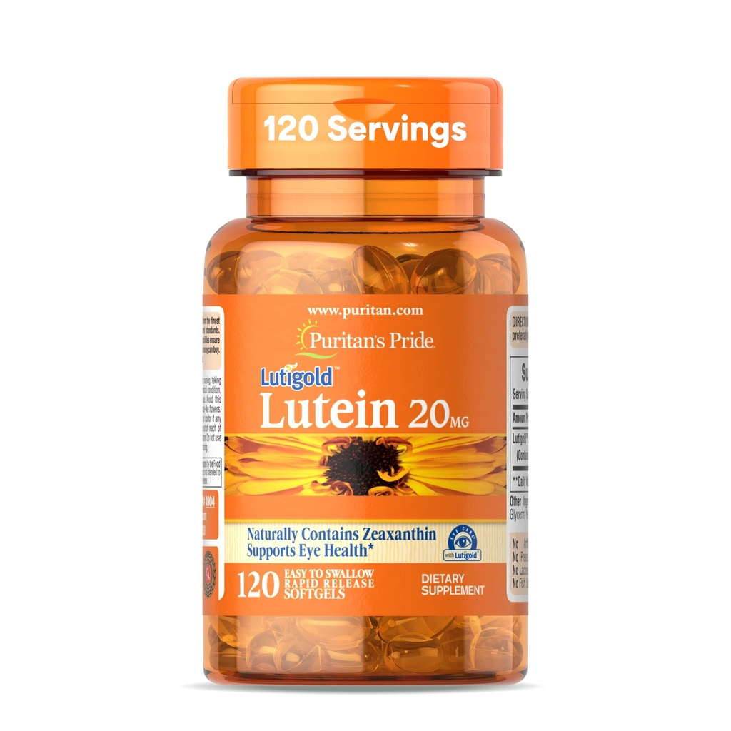 Puritan's Pride Premium LutigoldTM Lutein Carotenoid 20mg com Zeaxanthin para homens e mulheres, Suplemento dietético para apoio à saúde ocular, fornecimento de 8 meses, 120 Easy-to-Swallow Softgels