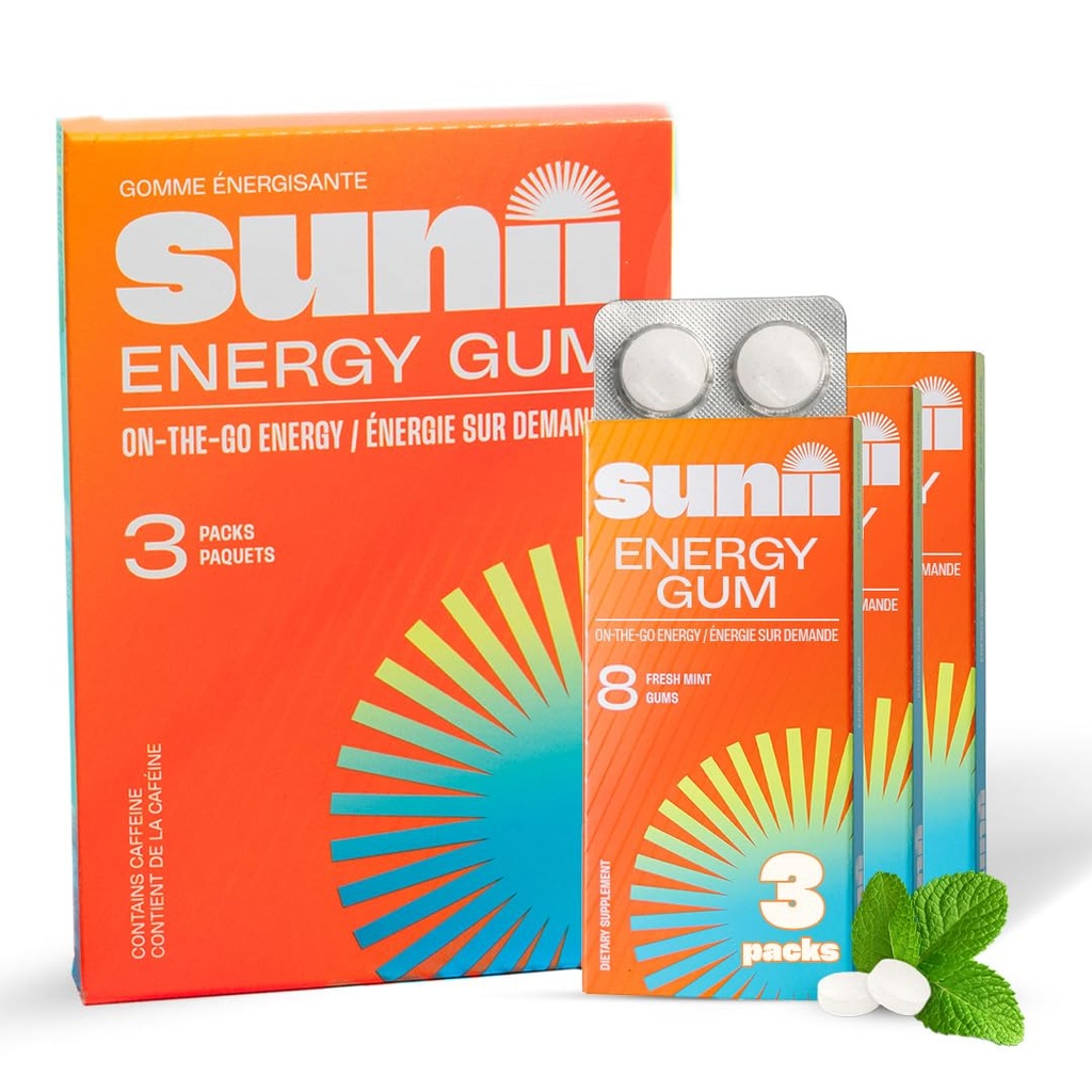 SUNII ENERGIA GUM - Novo rápido impulso de energia e foco - 50mg goma de cafeína - Vitaminas B6 & B12, Taurina, Vegan, Sem açúcar, Caloria zero, Gosto de hortelã fresca - Mais rápido do que mastiga, Bebidas, Gels & pílulas (24pcs)