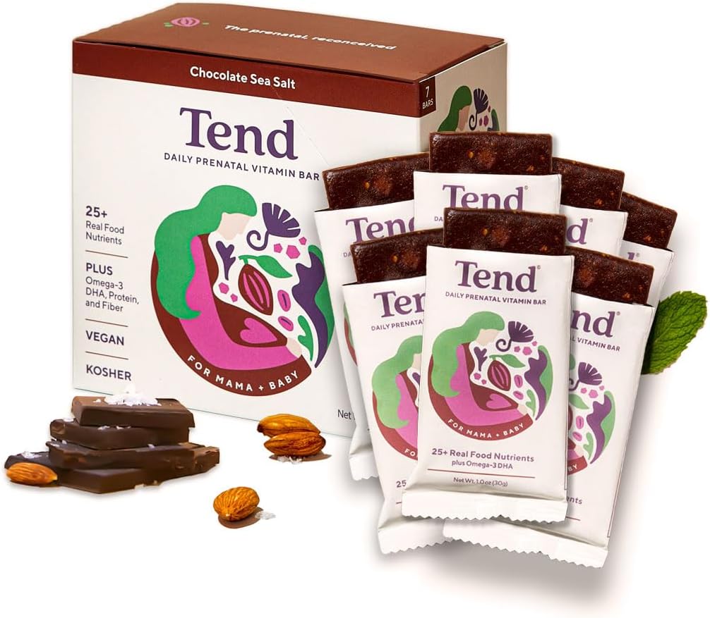 Tend Daily Best Prenatal Vitamina Bar, feito com ingredientes orgânicos para mães grávidas e pós-parto, inclui DHA, Vitamina D, B, Choline, Folato - Chocolate Sal do Mar (7ct)