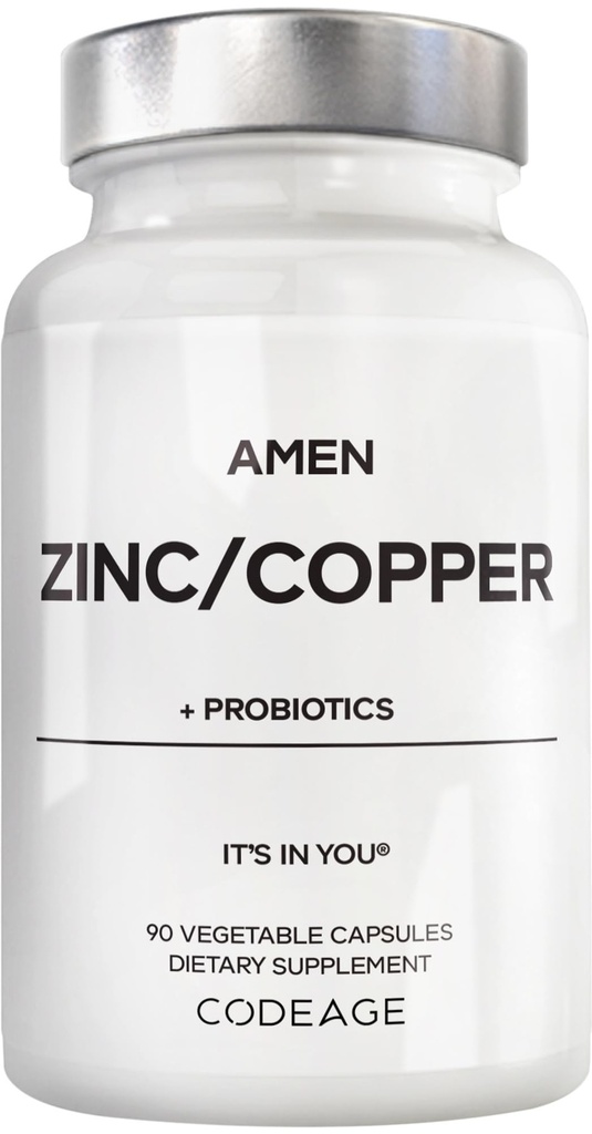 Amem Zinc & Copper Supplement + Probióticos, 3 Meses Abastecimento, Um Por Dia - 50 mg Pills Zinc Picolinate Vitamina - Suplementos Minerais Essenciais - 2 Bilhões UFC Probiótico - Vegan, Não-GMO, 90 Cápsulas