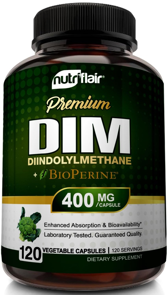 NutriFlair DIM Suplemento 400mg com Bioperina, 120 Cápsulas - Diindolilmetano - Estrogênio Metabolismo Suporte e equilíbrio hormonal, menopausa, PCOS, Acne e cuidados com a pele para homens e mulheres - Compare com 300mg