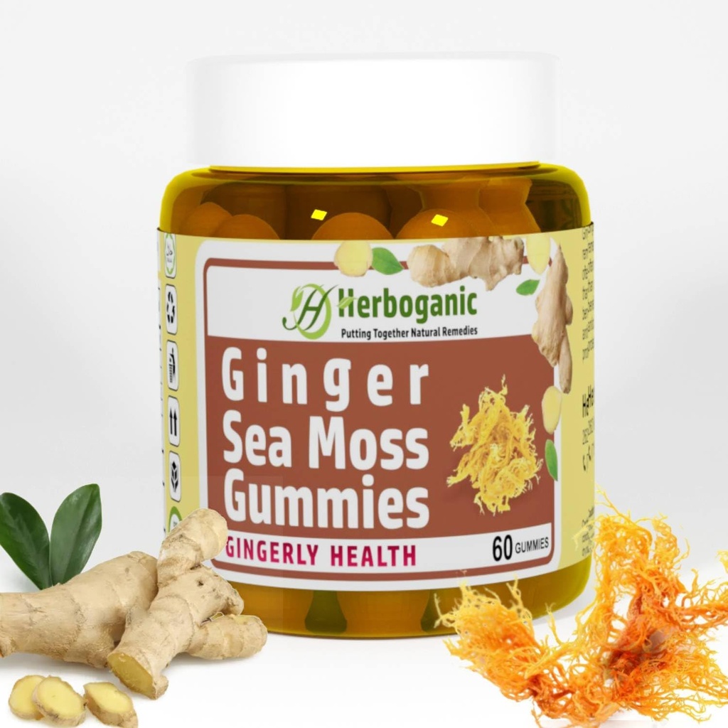 HERBOGANIC Ginger Sea Moss Gummies - Suporte à ervas para a saúde imunológica e digestiva - Desenvolvido, sem glúten e Vegan-Amigo - 60 Contagem