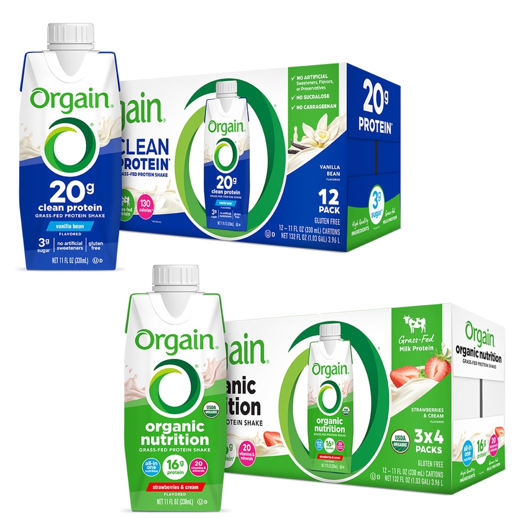 Orgain Clean Protein Shake, Grass Feed Dairy, Vanilla Bean (Pacote de 12) e Orgain Organic Nutritional Protein Shake, Morangos e Creme (Pacote de 12)