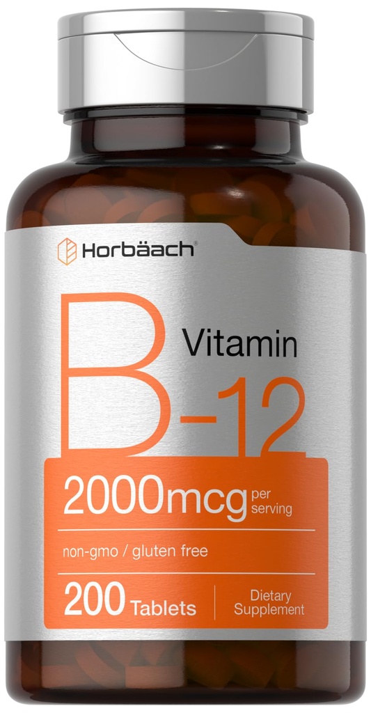 Horbäach B12 Vitamina 2000 mcg (200 comprimidos) Suplemento vegetariano (Sem OGM e sem glúten)