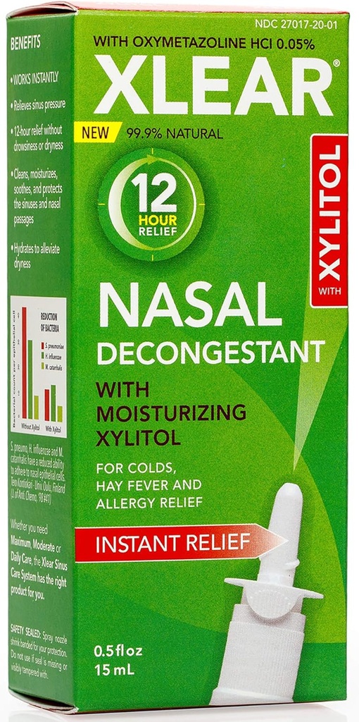 Xlear 12 horas Natural Salina Salal Descongestionante Spray com Xilitol e Oximetazolina, Instant Sinus Pressure and Congestion Relief for Kids and Adults 0.5 fl oz (Pacote de 3)