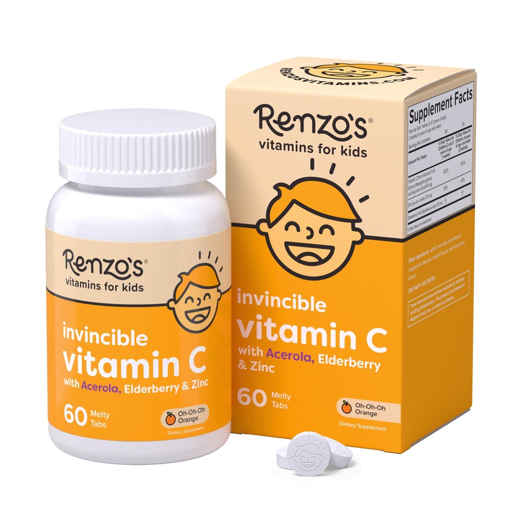 Vitamina C invencível de Renzo para crianças com Elderberry e Zinco, Dissolváveis Crianças Vitaminas para apoio imune, 60 Abas de Melty de laranja