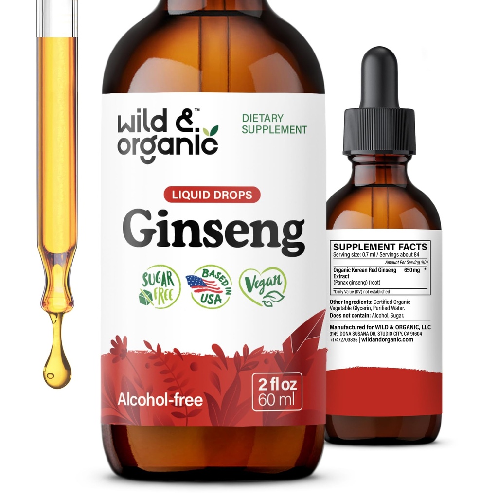 Wild & Organic Corean Red Ginseng Extract Drops - Panax Ginseng Suplemento para apoio imunológico - Tintura raiz líquida para o bem-estar geral - Vegan, Açúcar & Álcool - 2 fl oz