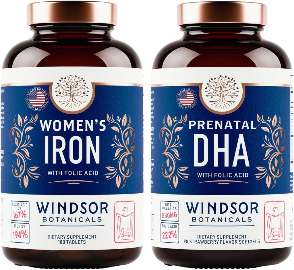 BOTÂNICAS WINDSOR Pré-natal DHA e comprimidos de ferro para mulheres com ácido fólico - pacote de vitamina pré-natal