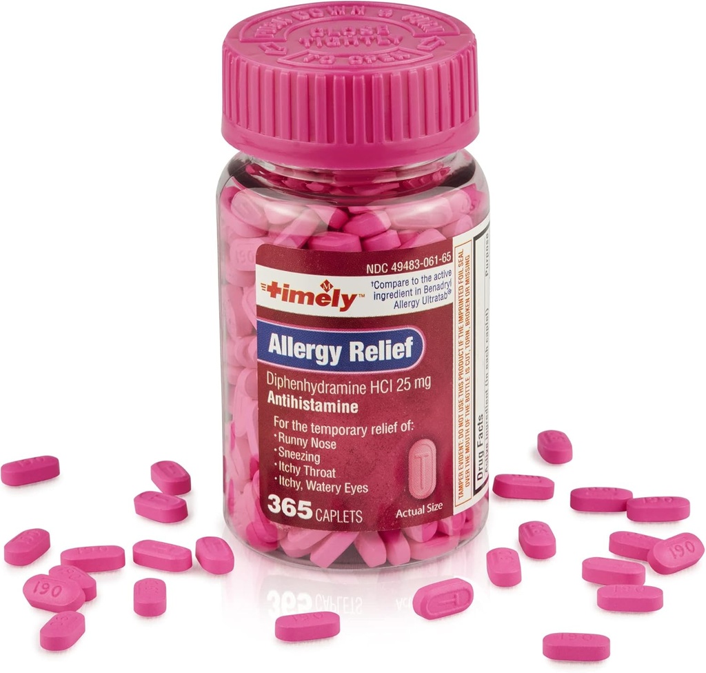Alergia Temporal Alívio Difenidramina HCl 25 mg - 365 Caplets - Comparado com Benadryl Alergia Ultratab - Anti-histamínico - Medicação Alergia - Nariz Runny Alívio para Adultos - Tratamento Olhos Aguados