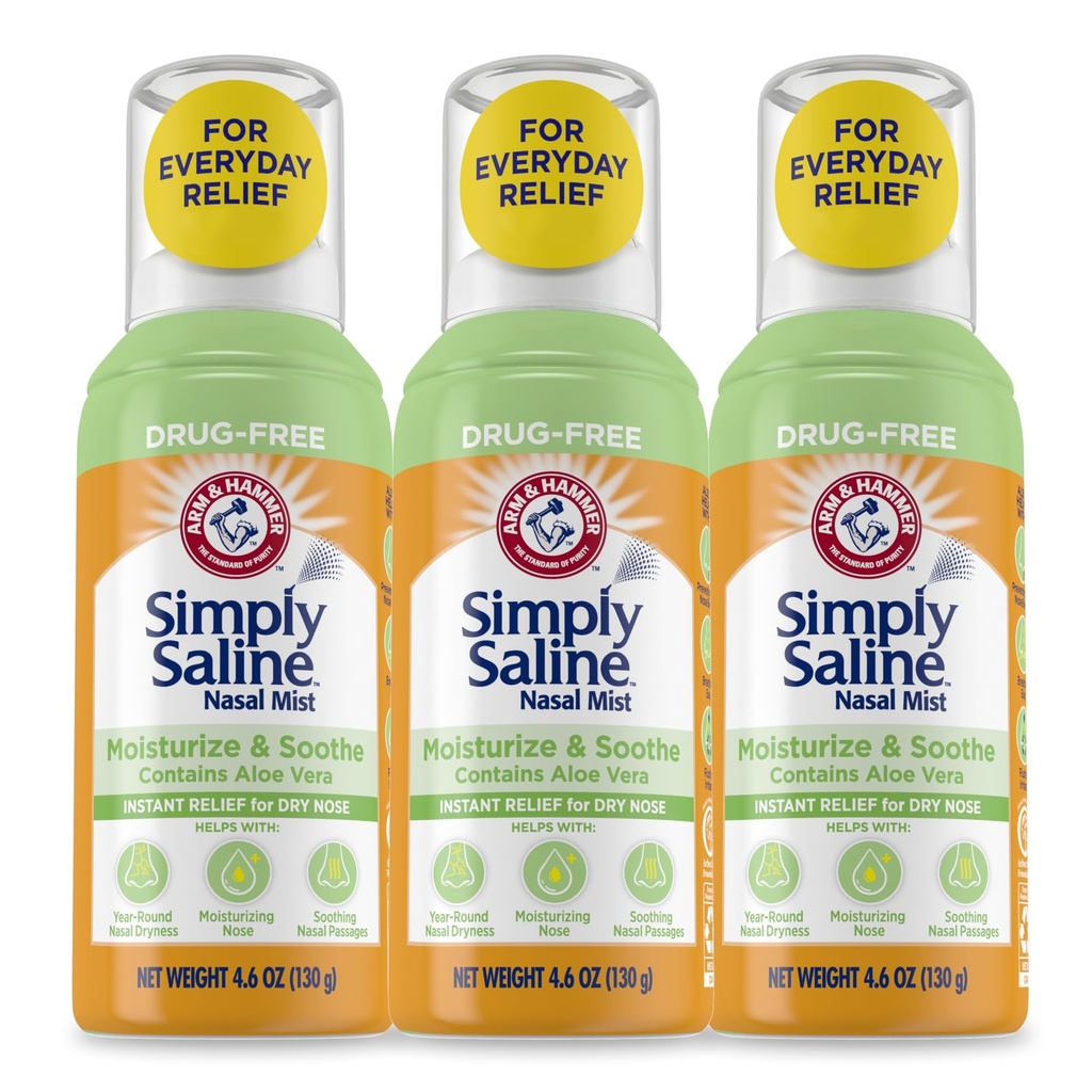Braço e martelo simplesmente hidratam e acalmam a neblina nasal sem drogas hidratantes Spray nasal salino para alívio instantâneo para nariz seco, 4.6 Oz (130 g), 3 Pack