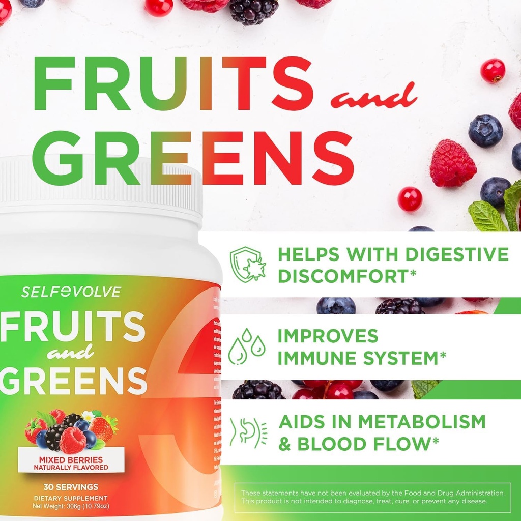 Frutos e Verdes Probiótico Orgânico em pó: 30 Serve para homens e mulheres. Vegan com 10 bilhões de UFC, espirulina, couve, espinafre, chlorela, Amora, Enzimas Digestivas - Probióticos