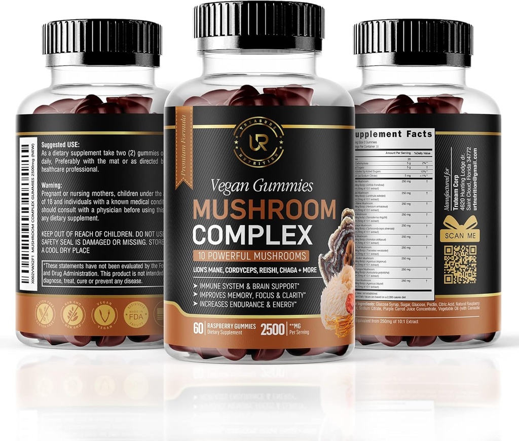 Cogumelos Gummies 10 Suplemento de Cogumelo, Chaga, Reishi, Cordyceps & Lions Mane Organic Mushroom Extracts, Nootropic Brain Booster (180 Count of 3))