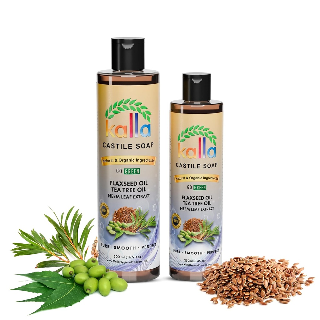 Kalla Organic Flaxseed Sabonete de castela 100% Pura Castela Líquido Sabonete Folha Neem Extract-250ml, Certified Cold Pressed Virgin Coconut Oil, Tea Tree essencial Castela Gluten Free Hand