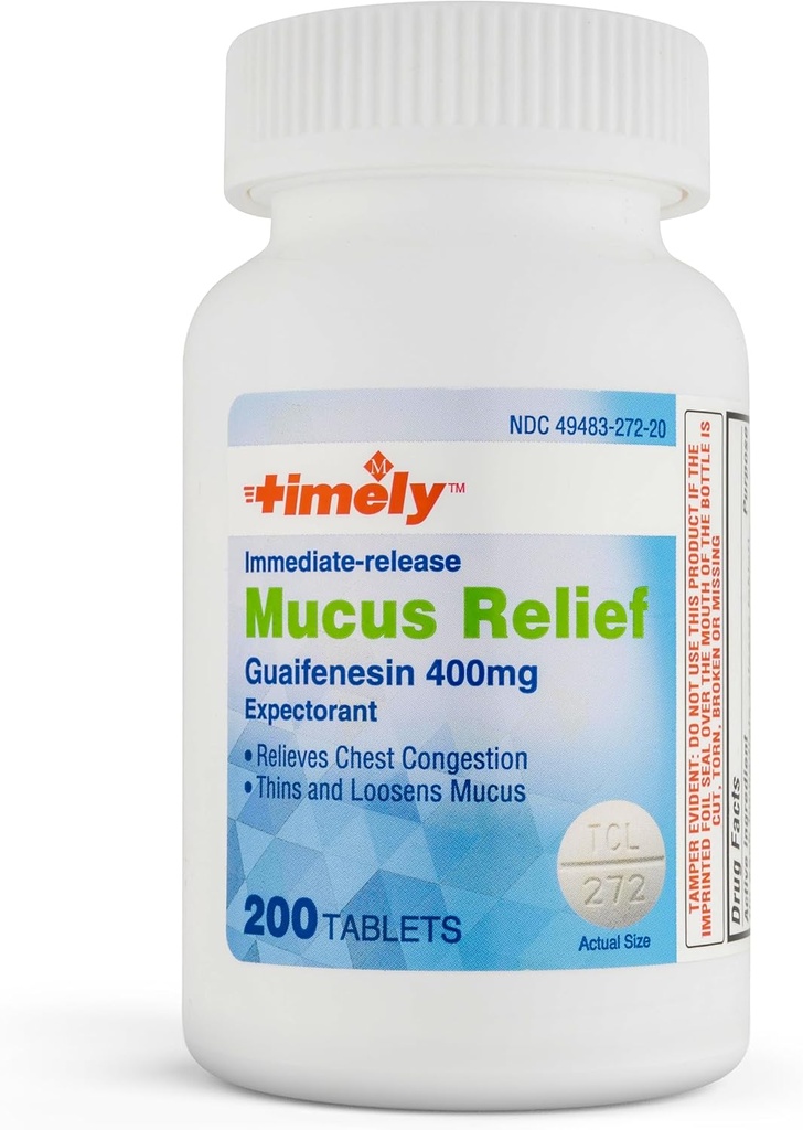 Time-CAP LABS, INC. Temporal Mucus Relief Guaifenesin 400mg 200 Comprimidos - Liberação imediata Mucus Phlegm Relief - Expectante para remoção de muco, Congestão do peito, Gripe, Frio, Alergias