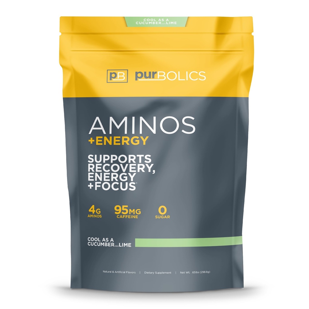 Purbólicos Aminós + Energia . Suporta Recuperação, Energia e Foco .. 95mg de cafeína, 0 Açúcar & 60 Servings (Cool As Cumber...Lime)