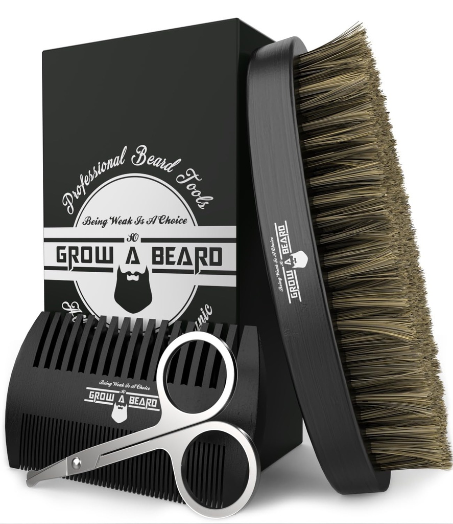 Escova de barba para homens e conjunto de pente de barba w / bigode tesouras Kit de arrumos, Escova de sarja Natural, dupla ação madeira pente, e bolsa de viagem grande para presente de Natal