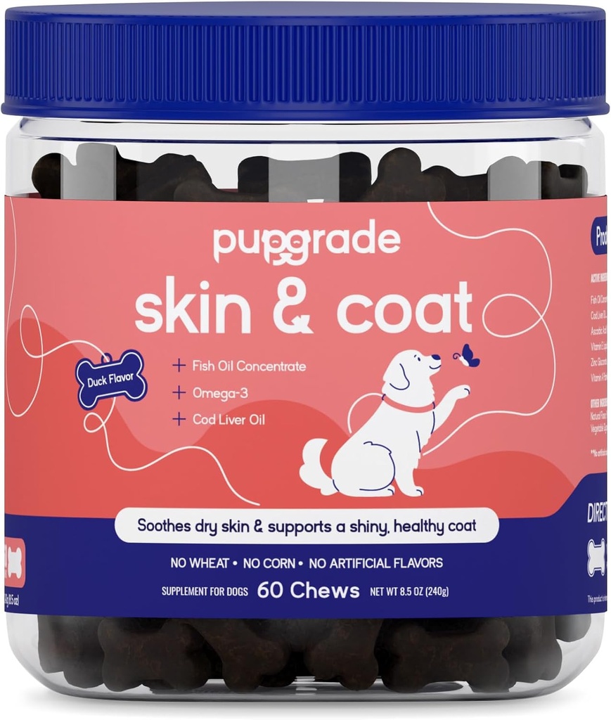 PupGrade pele & casaco suave mastigar Suplemento para cães – Suporta pele saudável, casaco e Imune Função - Rico em óleo de peixe natural, ácidos gordos Ômega, e vitaminas - 60 mastigação suave