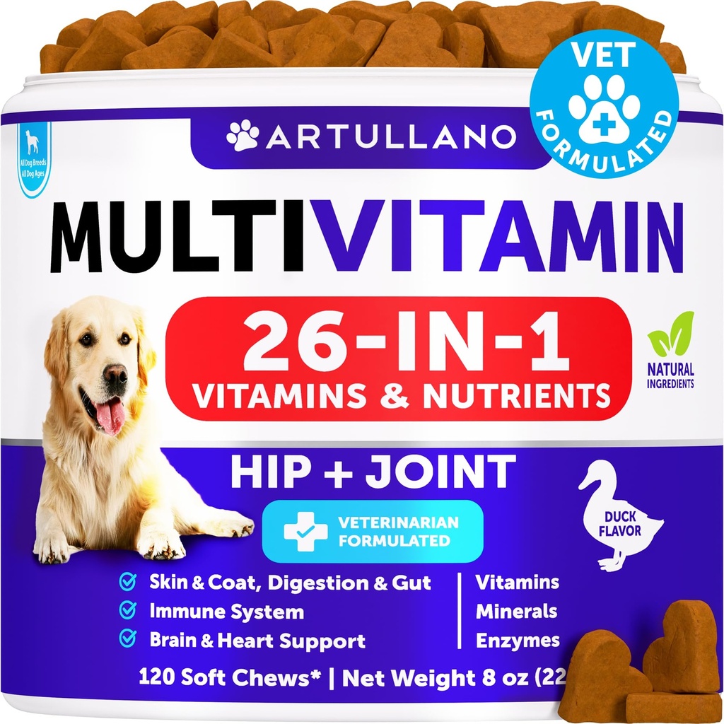 Cão Multivitamínico Mastigado com Glucosamina 26 em 1 - Vitaminas e Suplementos Cães - Senior & Puppy Multivitamínico para Cães - Pet comum Apoio Saúde - Imunidade, Mobilidade, Gut Pele - 120 Mastigações